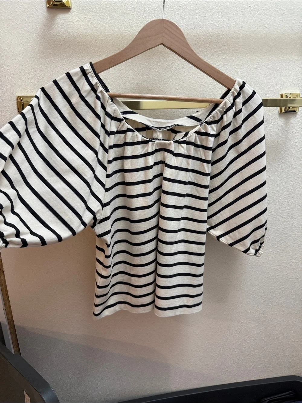 J. Crew Black and White Striped Off-Shoulder Puff Sleeve Top